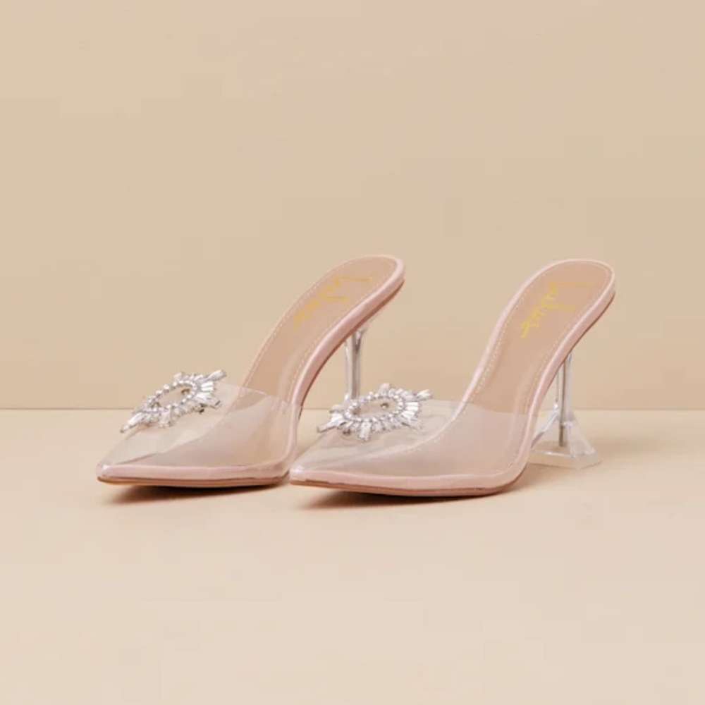 Lulu's Blush Pink Clear Mule Heels with Crystal Brooch